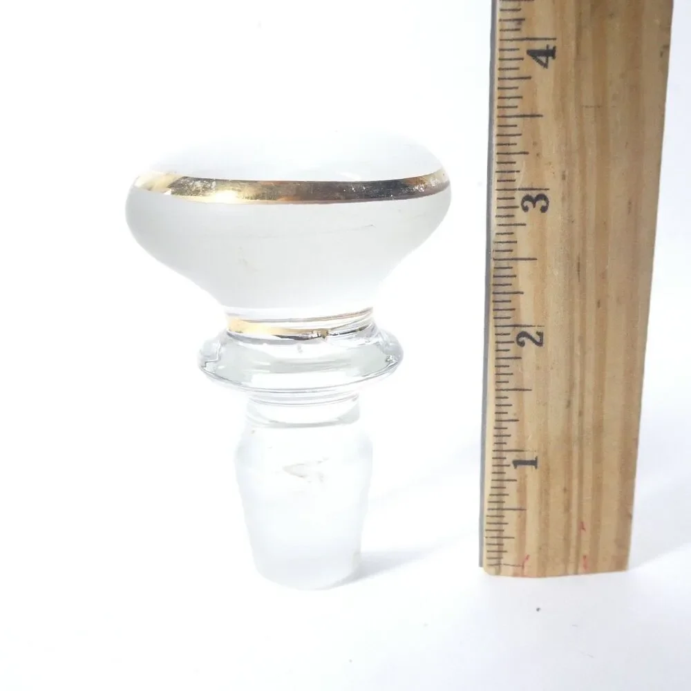 Vintage Glass Mushroom Knob Stopper Clear w/ Gold Band Bottle Decanter